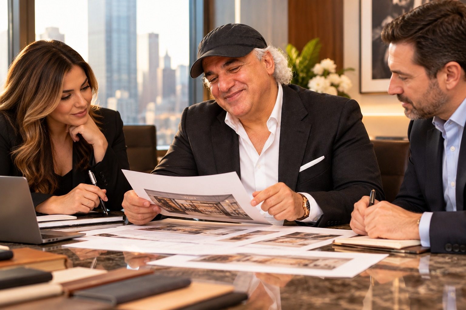 Jay Adoni reviewing documents with colleagues in a boardroom