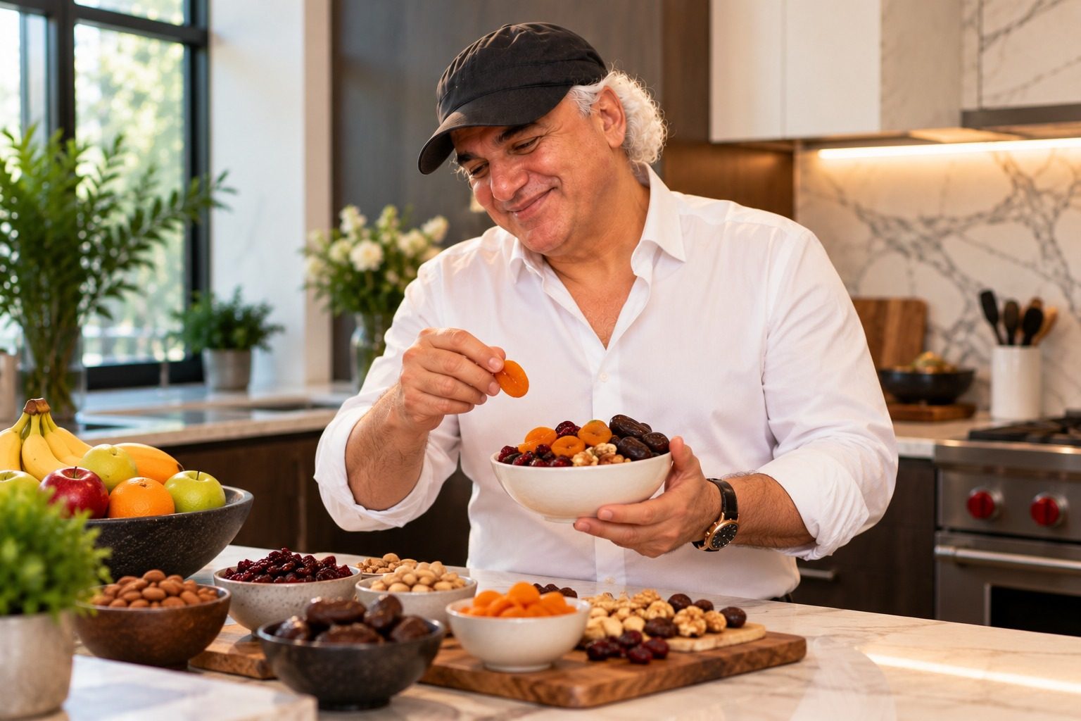 Jay Adoni with a bowl of dried fruit and healthy snacks