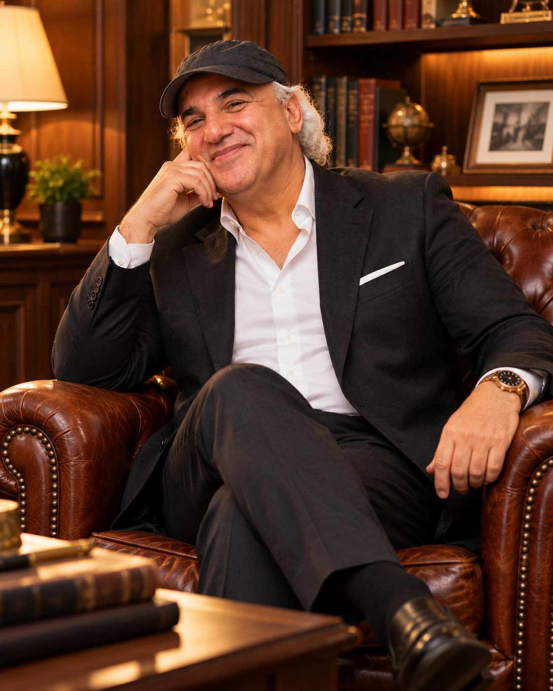 Jay Adoni seated in a leather armchair in his library office