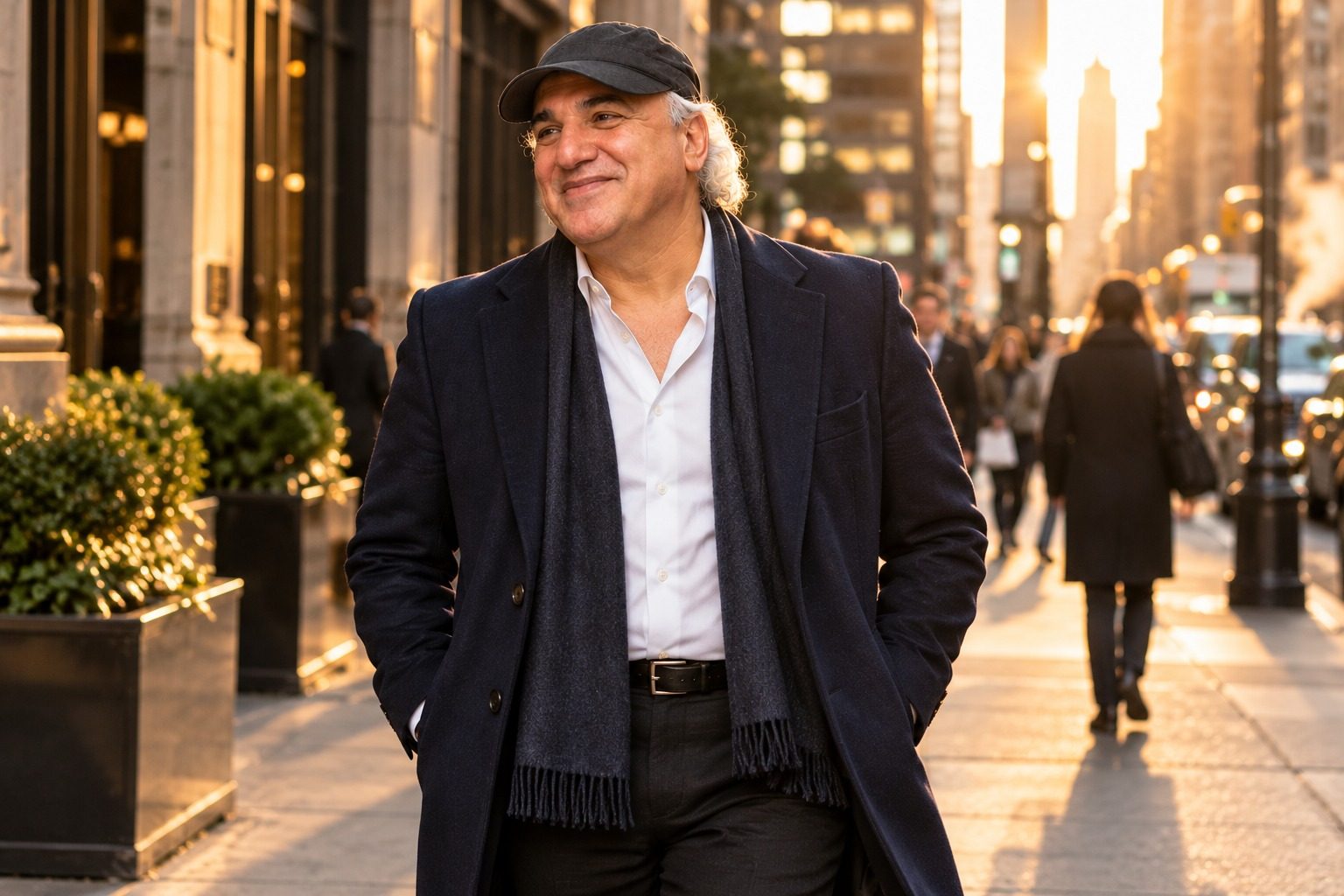 Jay Adoni walking a Manhattan street at golden hour