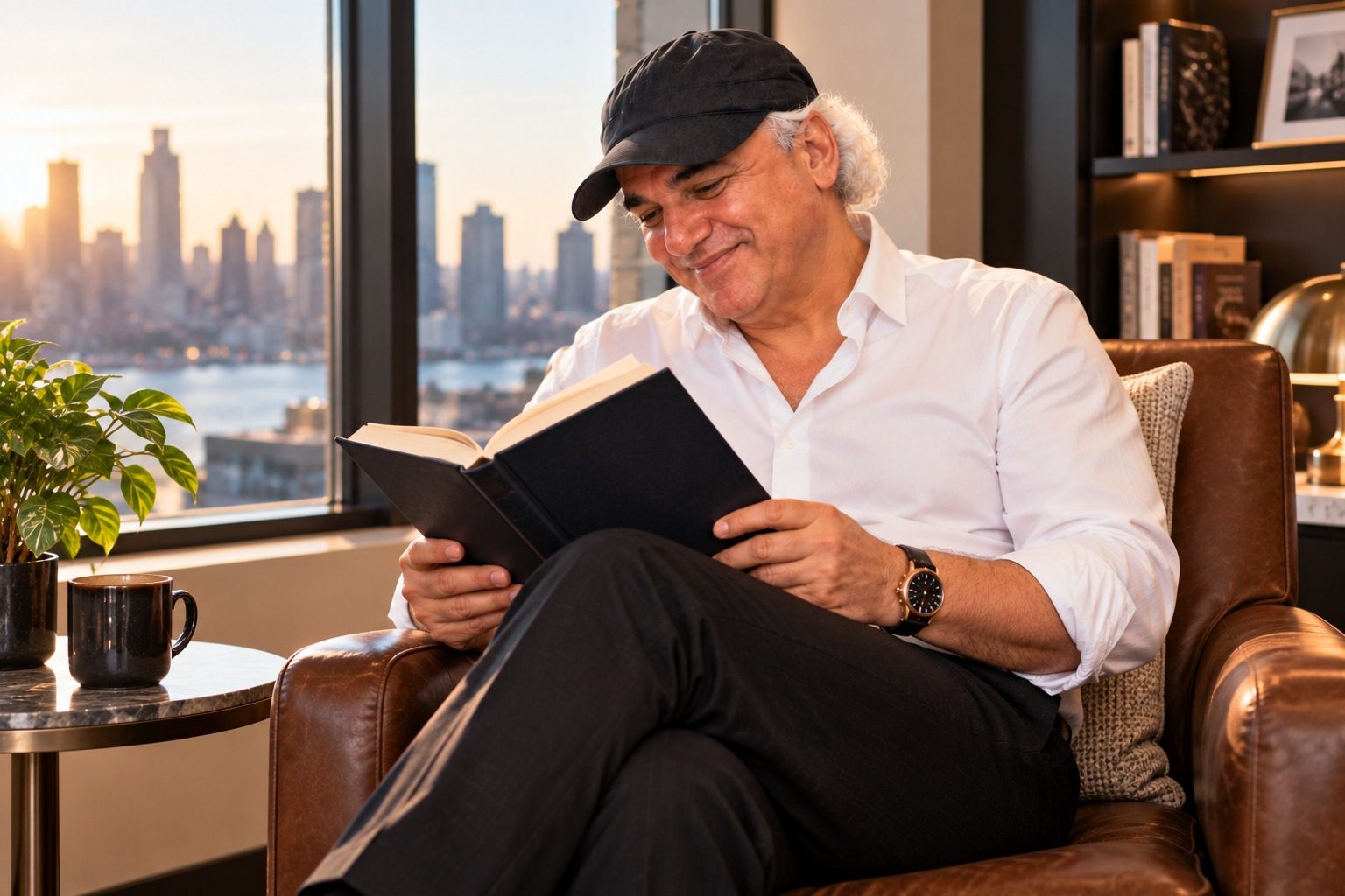 Jay Adoni reading a hardcover book by a window