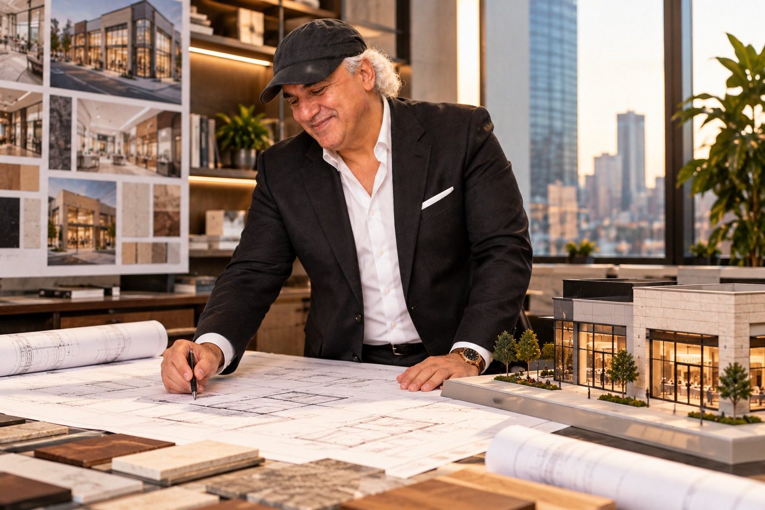 Jay Adoni reviewing architectural plans for a commercial building