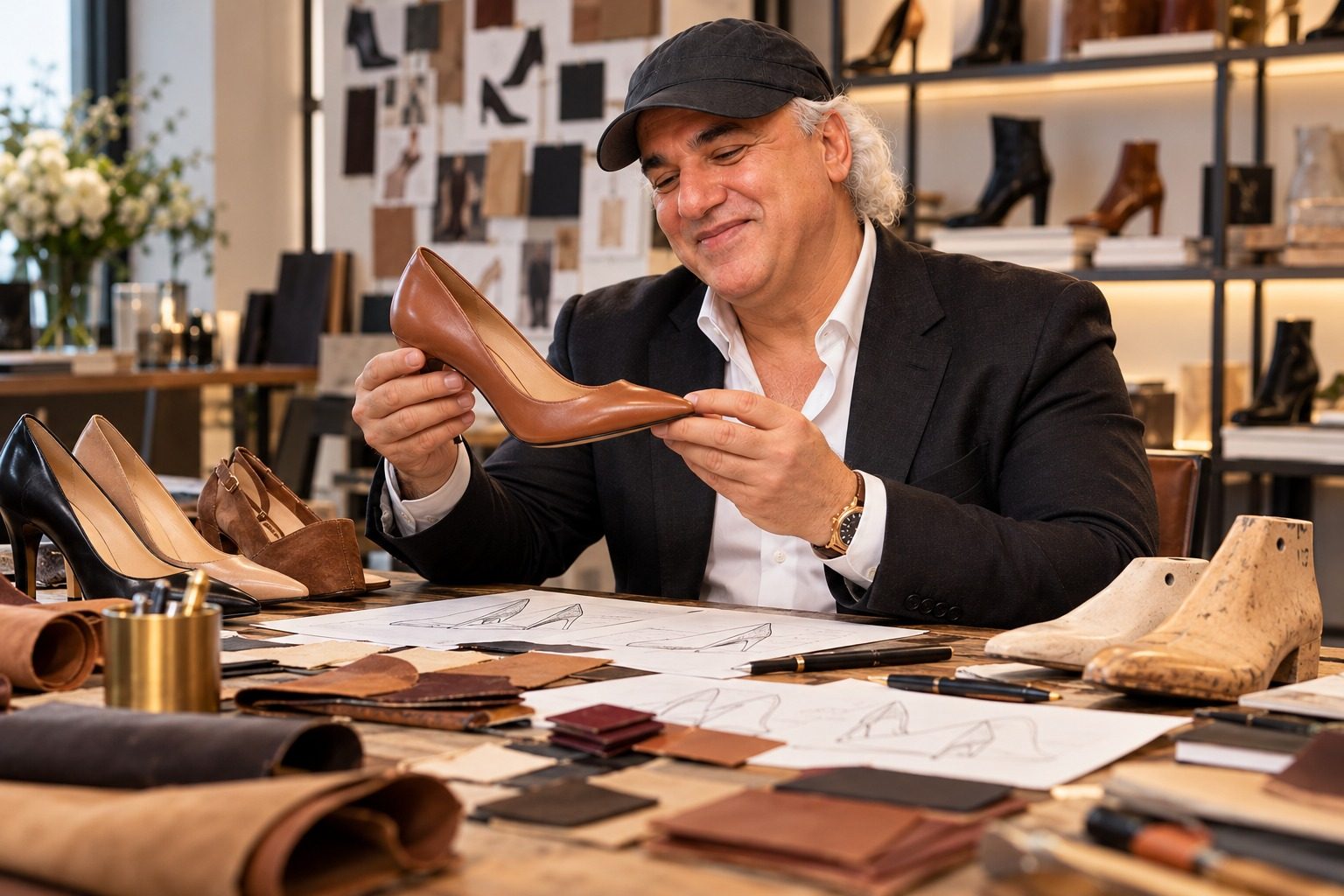 Jay Adoni examining a leather pump in a shoe design studio