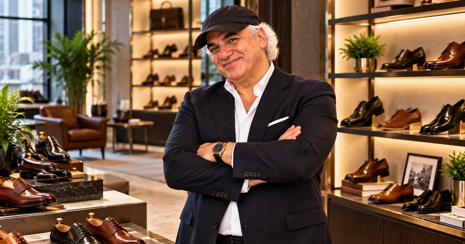 Jay Adoni with arms crossed in a shoe showroom