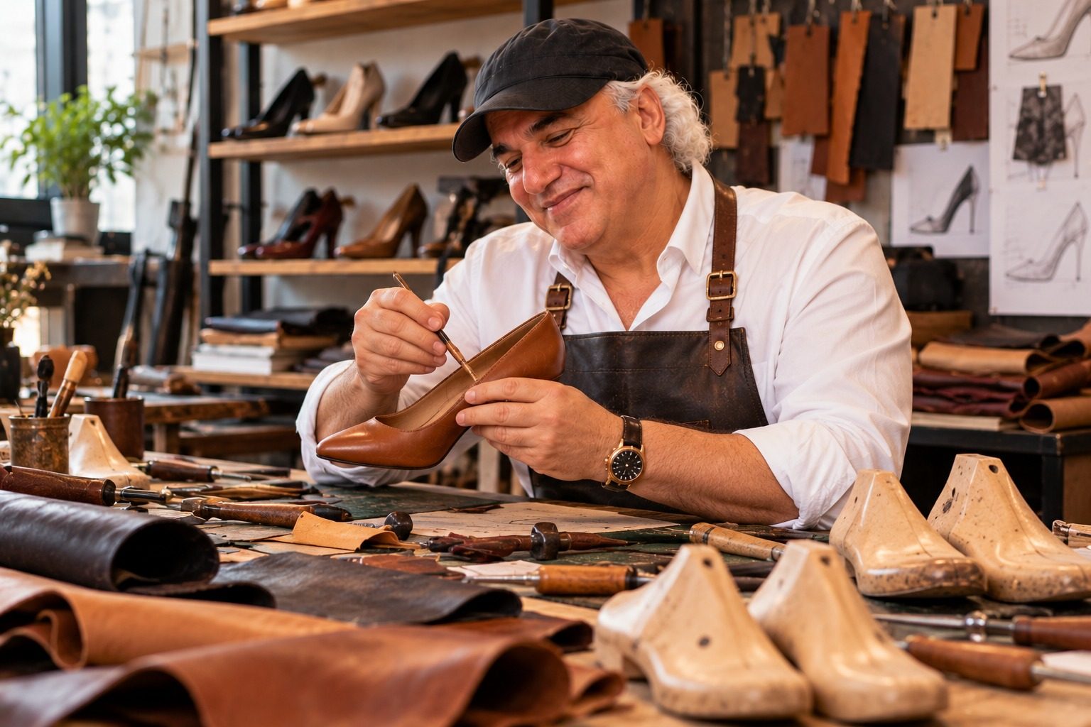 Jay Adoni at a shoemaker workbench with wooden shoe lasts